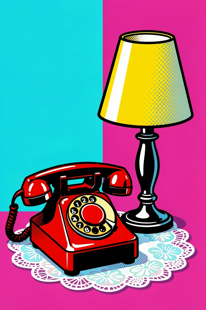 A vintage rotary phone resting on a lace doily beside a lamp