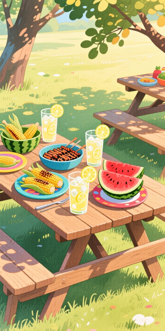 A table set for a summer barbecue with corn, watermelon, and lemonade, evoking warmth, comfort, and togetherness.