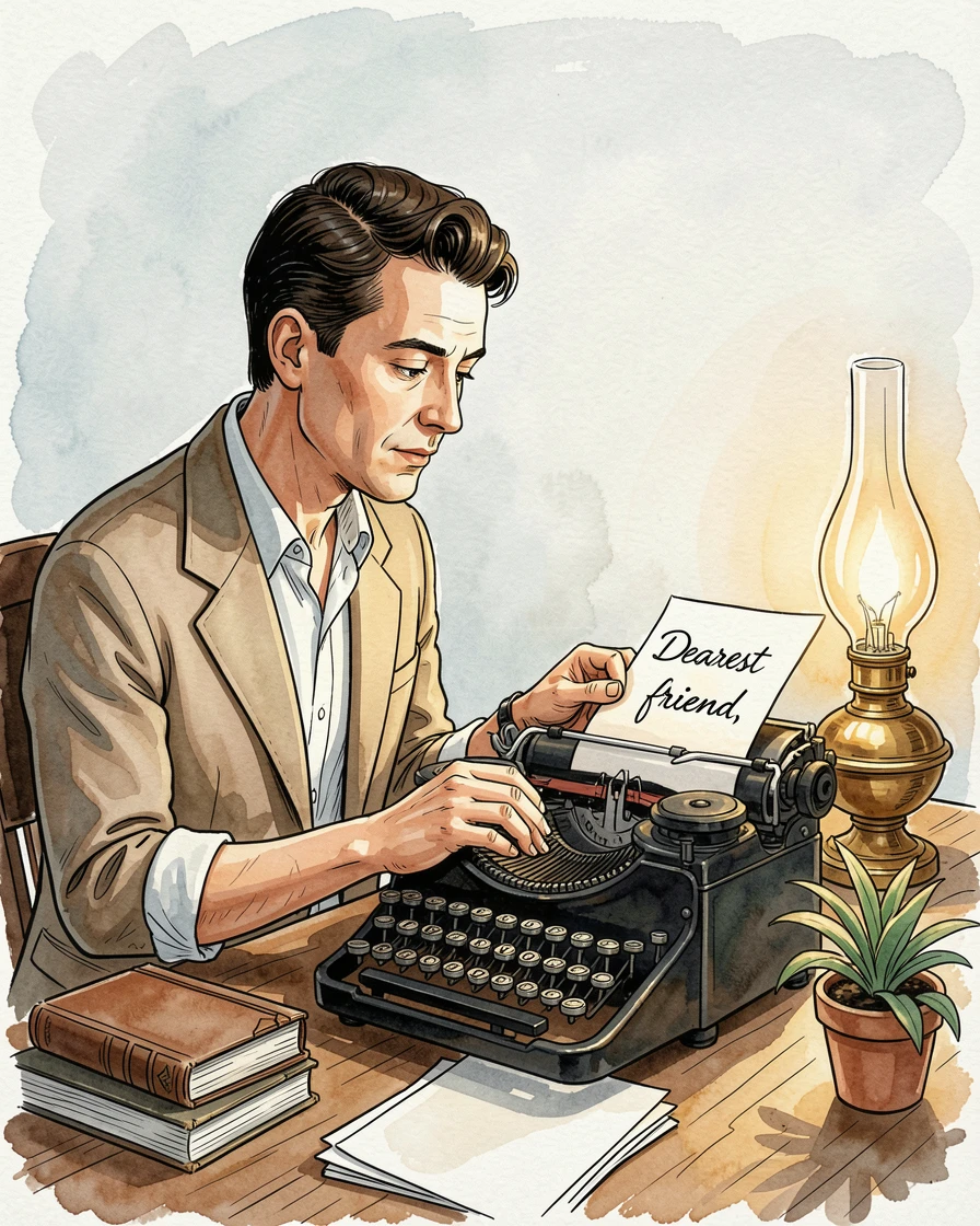 A vintage typewriter enthusiast composing a letter by lamplight, a quiet sense of skill and patience throughout the scene.