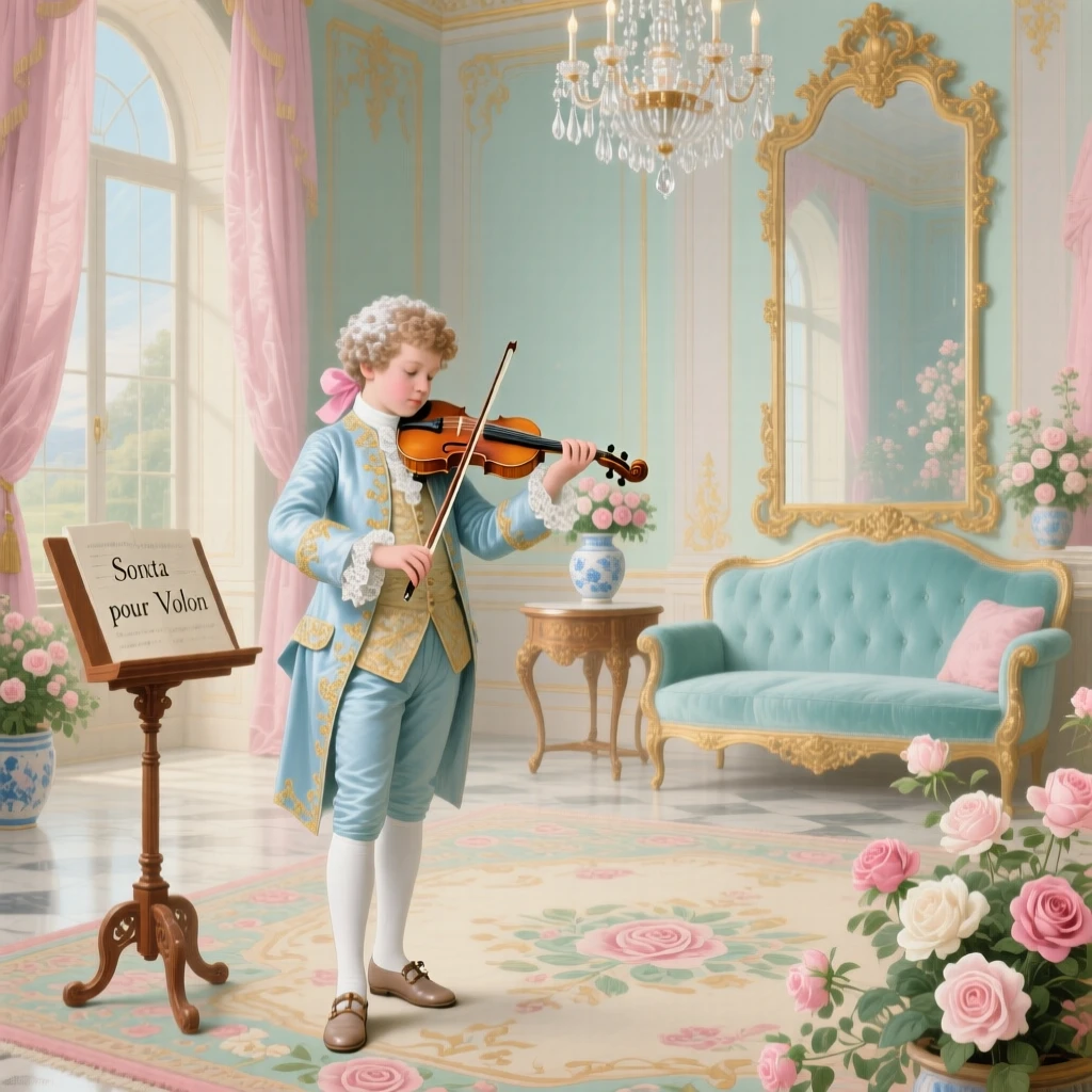 A young prince practicing violin in a grand palace salon  