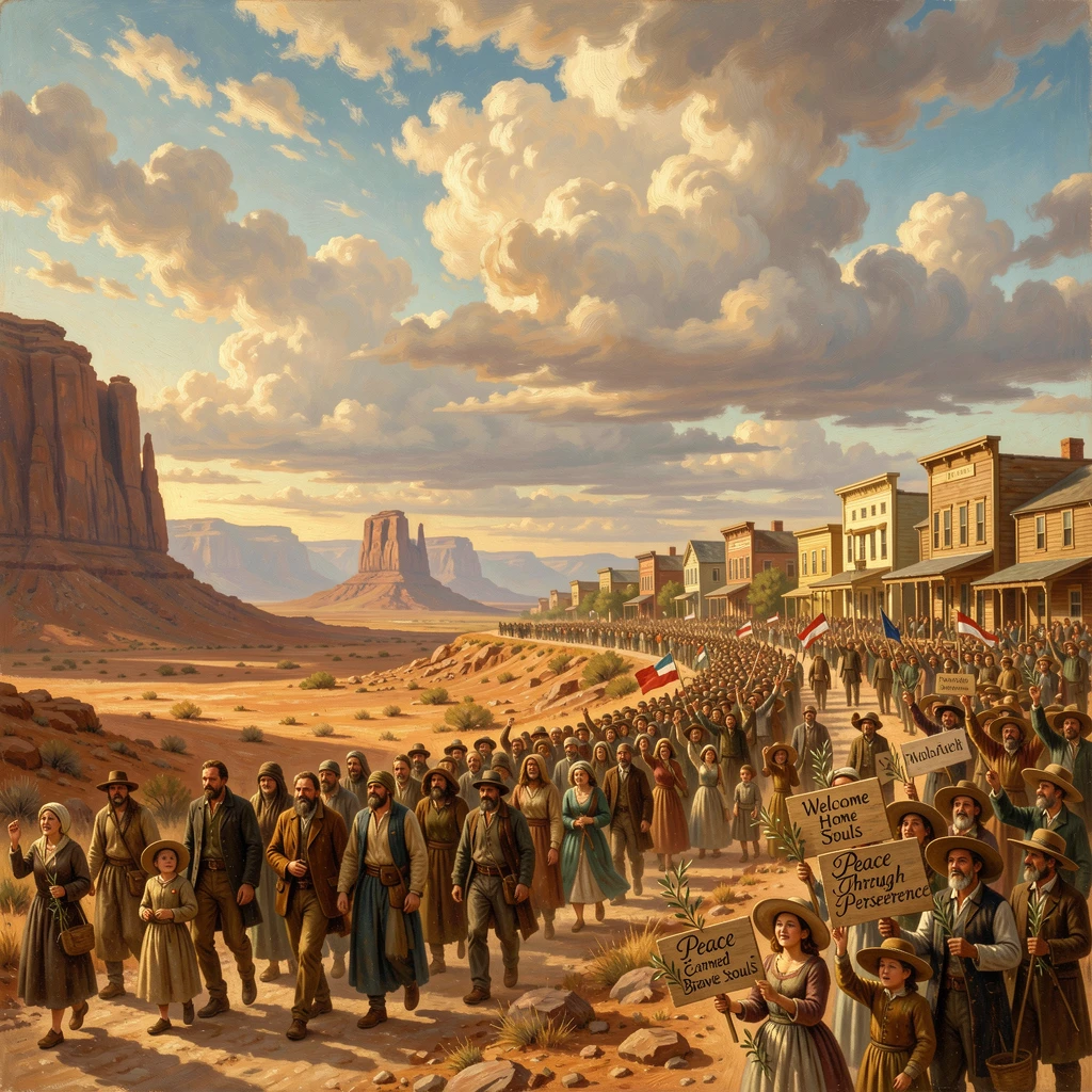 A group of pilgrims crosses the desert toward a hard-won peace before a crowd of cheering citizens.