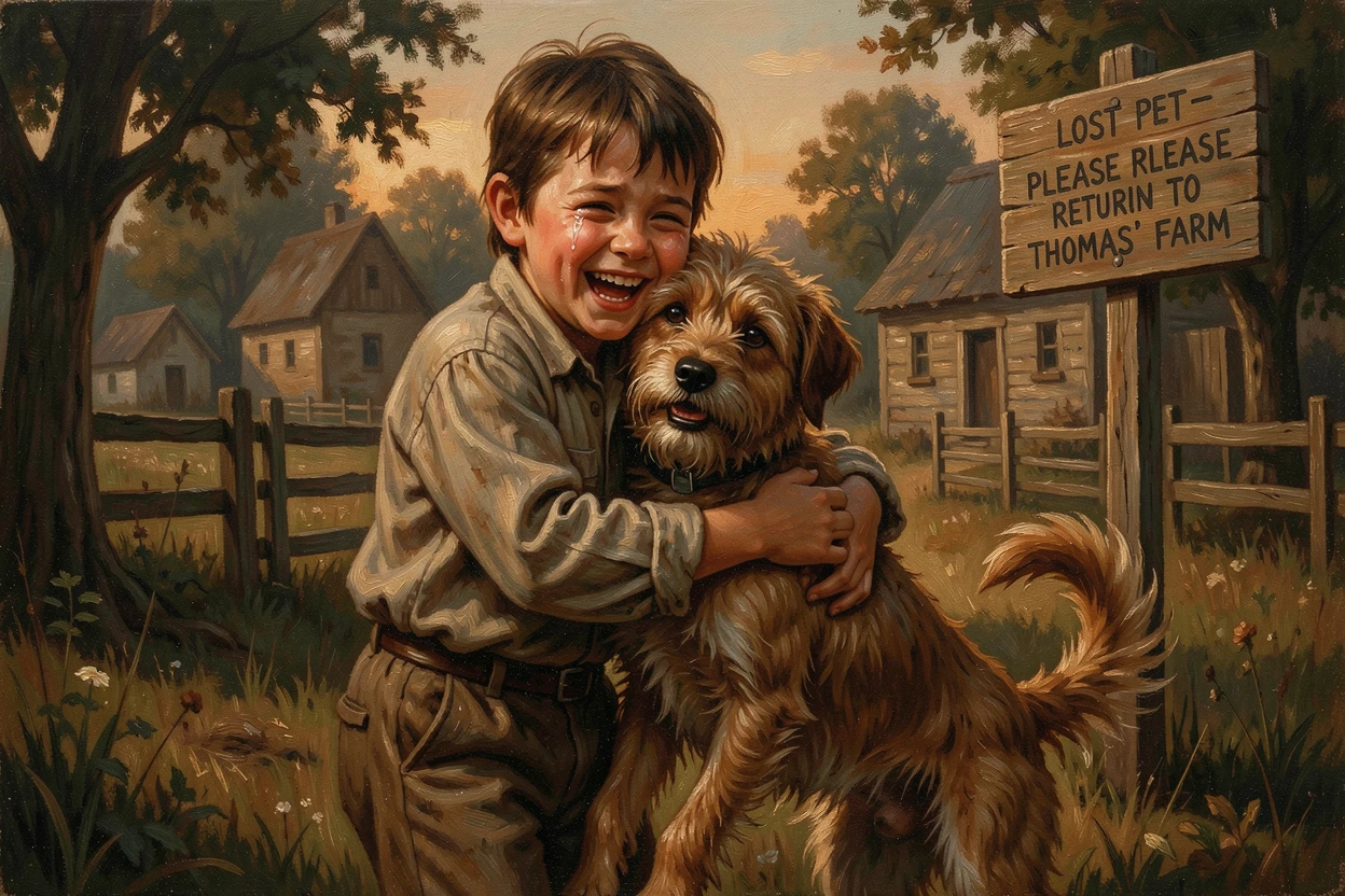 A child reunited joyfully with a lost pet after days of searching, with tears, laughter, or relief visible in vivid detail, designed to inspire and uplift anyone who views it