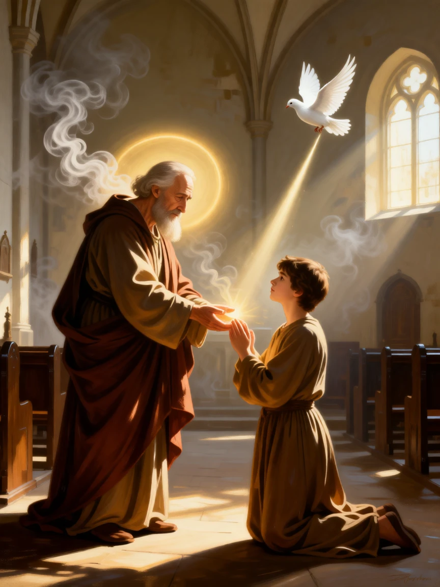 A wise elder passing sacred wisdom to a kneeling young disciple at the quiet culmination of a long inner journey, set within a sunlit chapel filled with drifting incense smoke, with a single dove or beam of light marking the sacred moment; the composition places the central figure within a halo of natural light, filled with serenity and the quiet dignity of devotion.