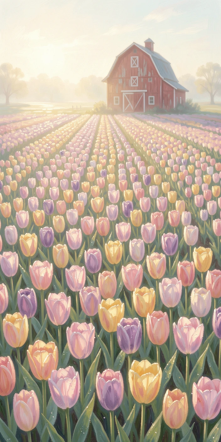 A field of blooming tulips arranged in perfect rows, a single red barn visible in the distance, as the first light of dawn breaks.