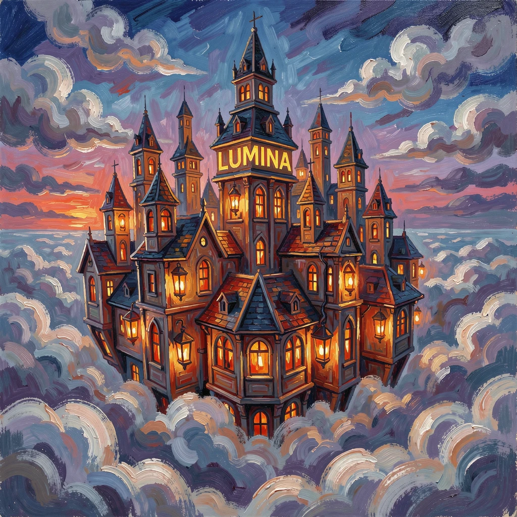 A floating city of lantern-lit towers rising above the clouds at twilight.