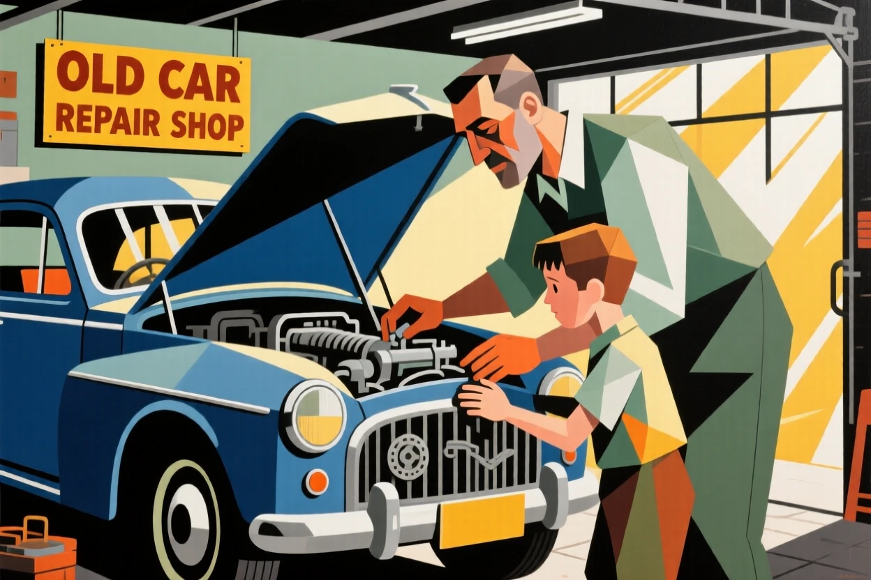 A father and son fixing an old car together in a sunlit garage.