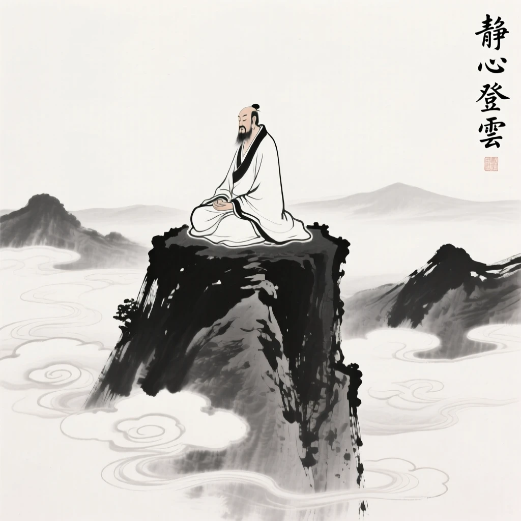 A robed immortal meditates atop a floating mountain peak, as clouds part gently to reveal the mountains far below.