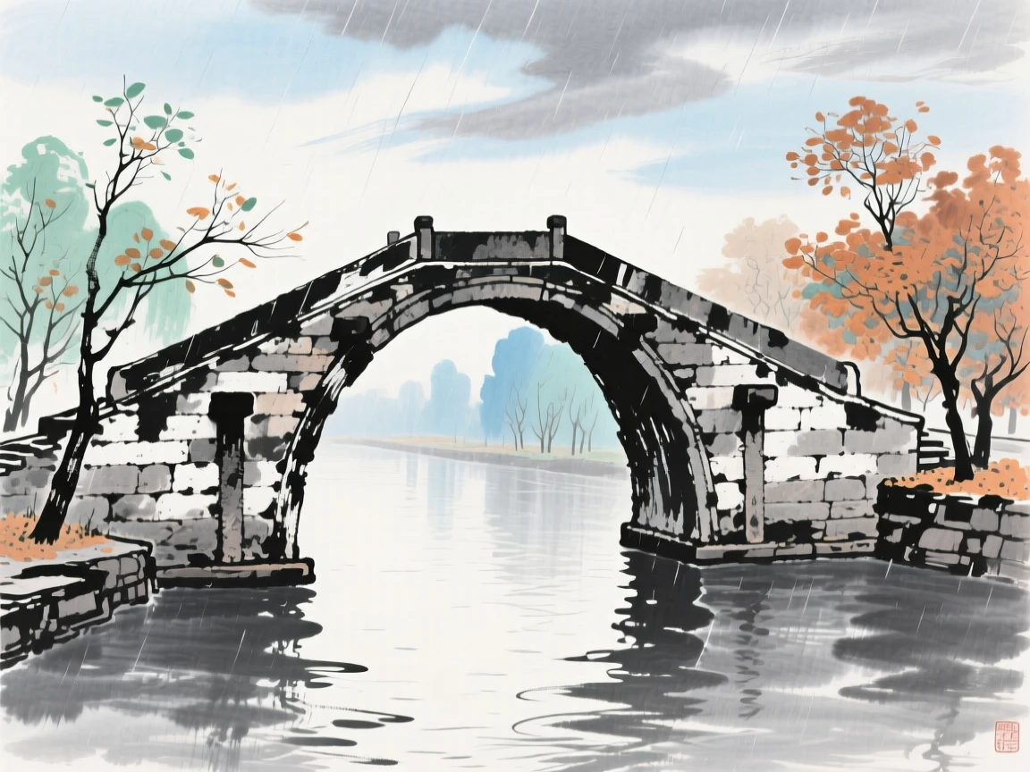 An ancient stone bridge arching gracefully over a quiet canal, in late autumn, under clearing skies after a storm.