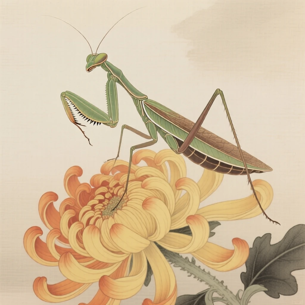 A praying mantis on the edge of a chrysanthemum bloom