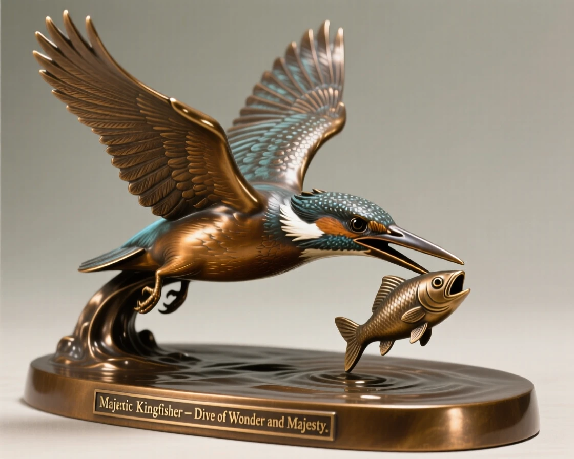 A majestic kingfisher diving for its catch, rendered with rich, dynamic energy, evoking wonder and majesty