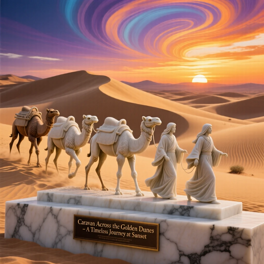 A vivid, emotionally rich scene of a caravan crossing golden desert dunes at sunset, under a brilliant, colorful sky, designed to captivate and inspire