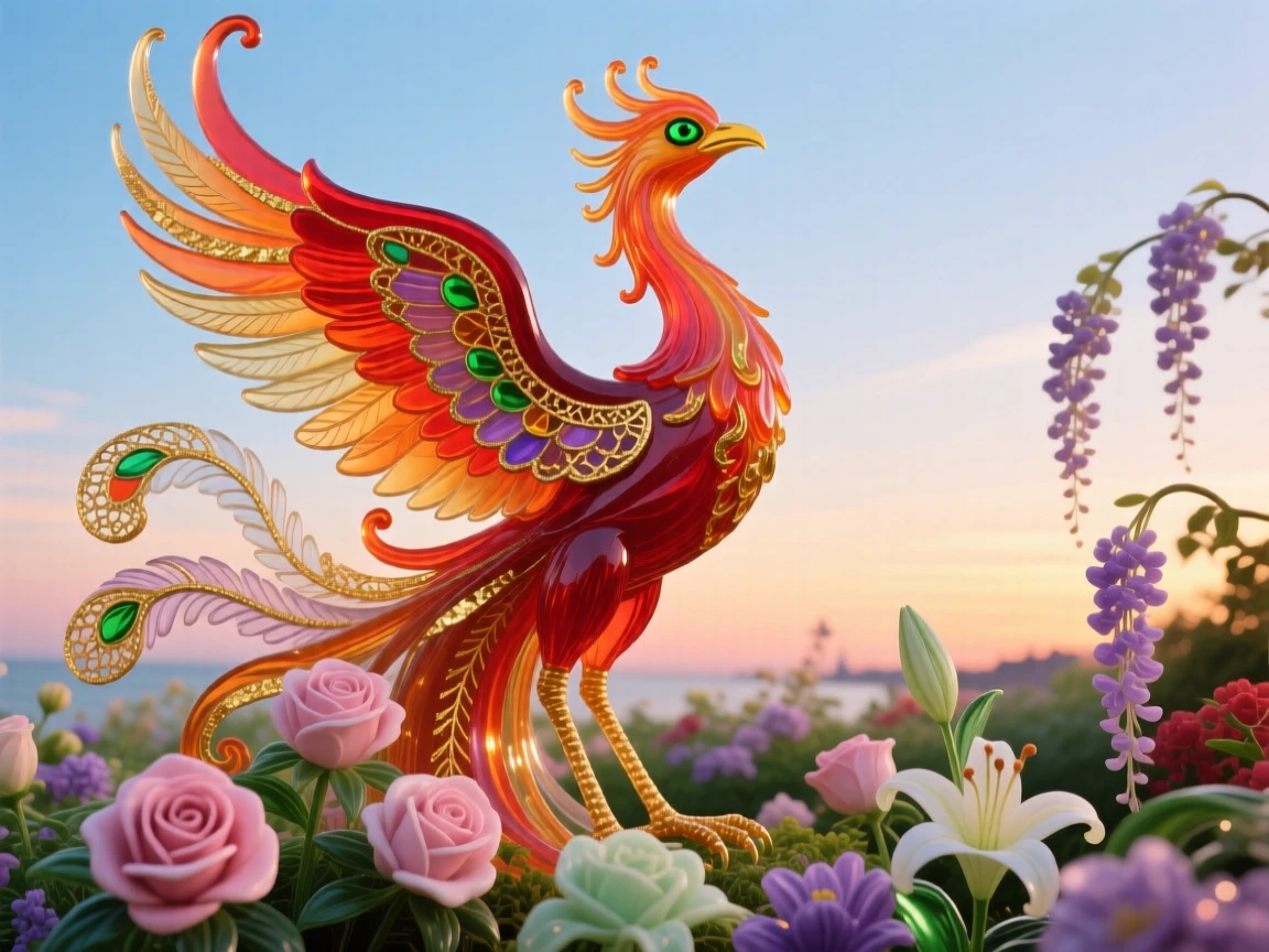 A grand phoenix rising above a blooming garden at the very break of dawn, transformative and radiant.