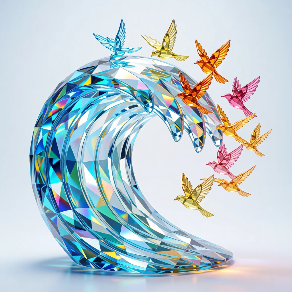 A dreamlike ocean wave frozen mid-crash, transforming into a flock of glowing birds.