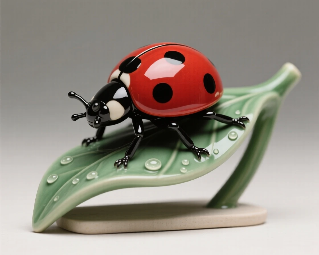 A ladybug crawling along a green leaf perched gracefully in a moment of stillness, glistening with a light morning dew, conveying effortless elegance in motion.