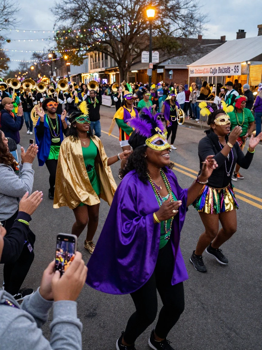 Revelers dance through the streets in elaborate masks during a pre-lenten carnival parade.