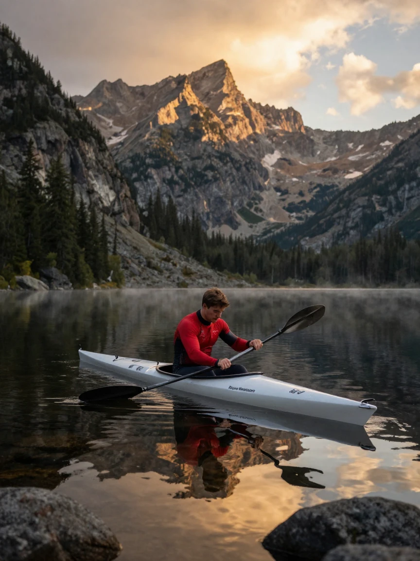 A solo kayaker gathering for one final rehearsal beside a mountain lake