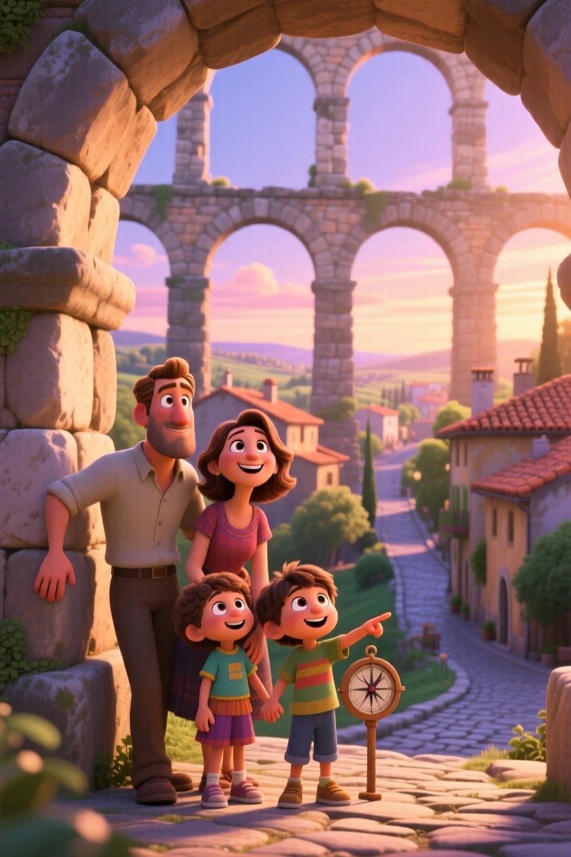 A family taking in the view stands beneath the arches of an ancient stone aqueduct, watching the sun rise over the horizon. The mood is adventurous, peaceful, and awe-inspiring, with terracotta rooftops stretching into the distance.