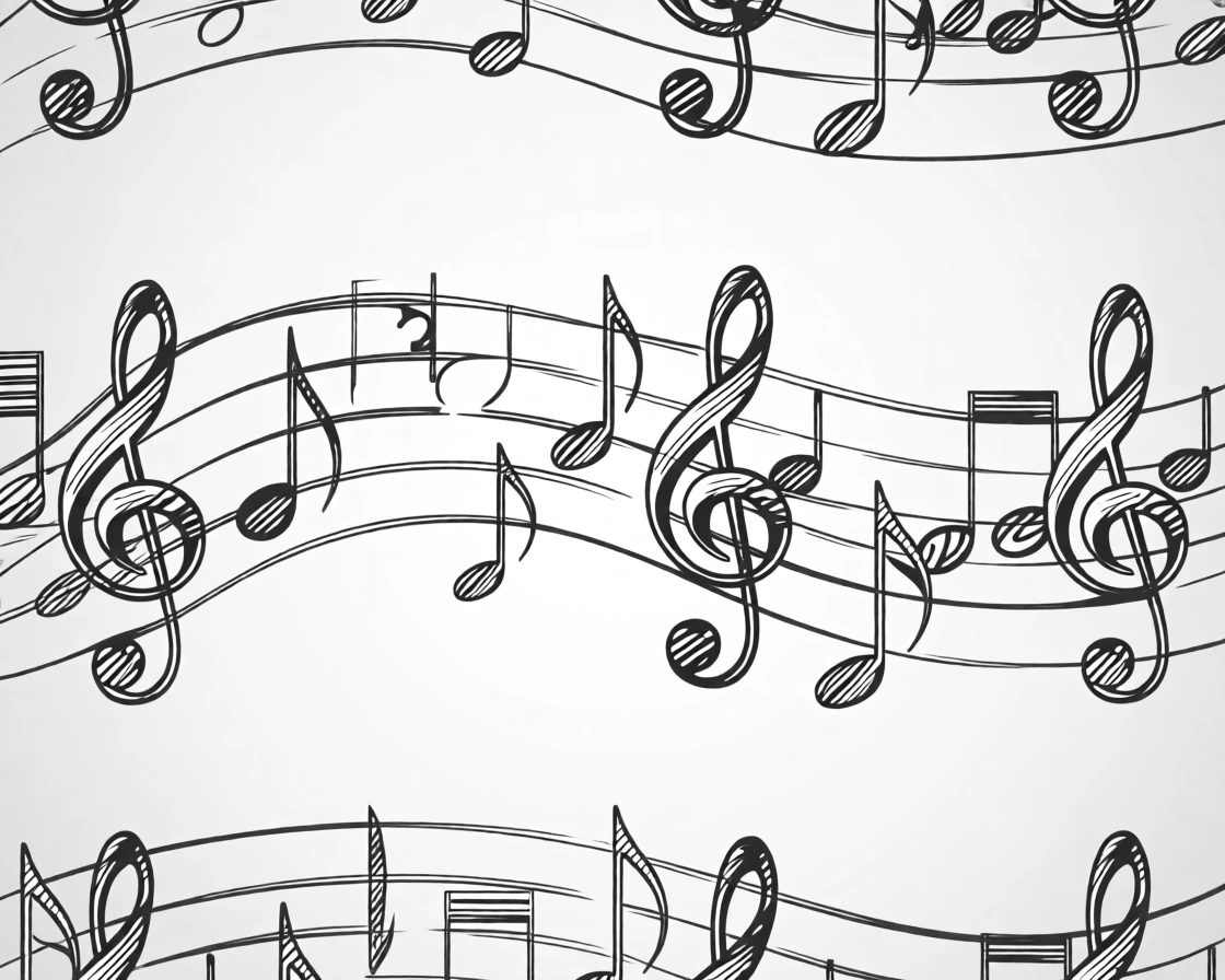 A repeating pattern of musical notes flowing across a page