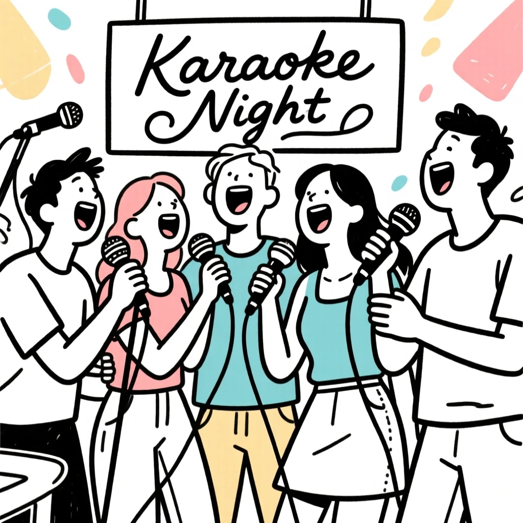 A group of friends singing karaoke together at a lively party.