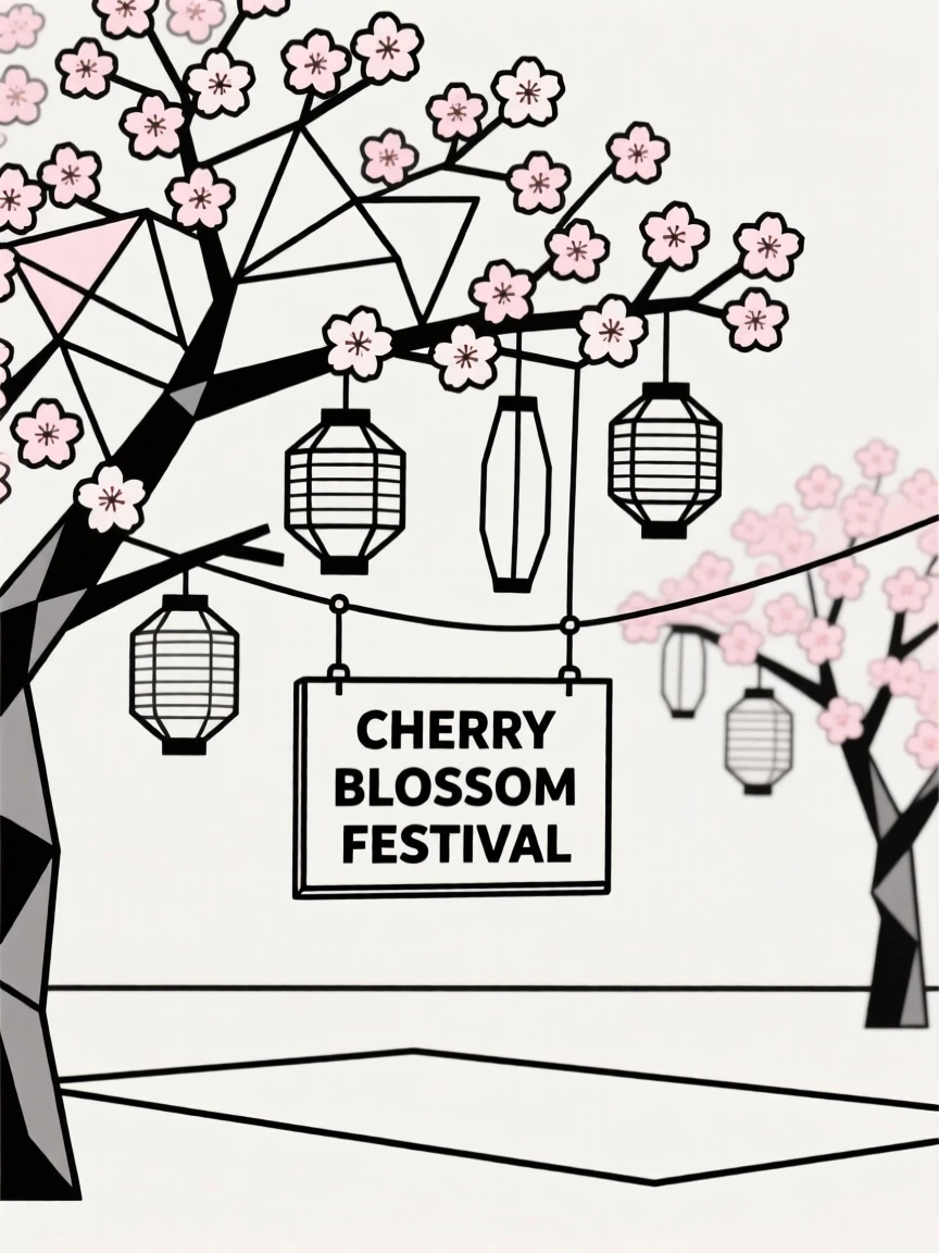 A spring cherry blossom festival with paper lanterns