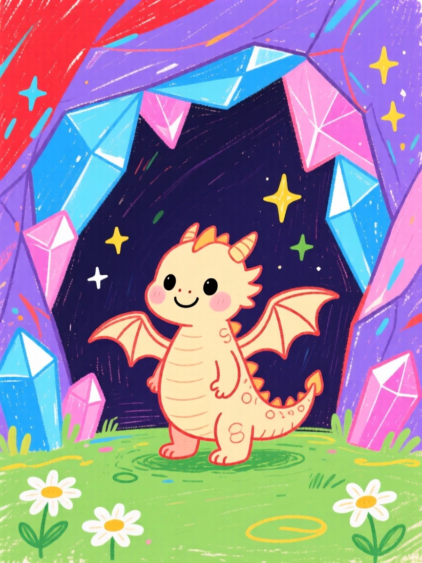 A gentle baby dragon with tiny wings near a crystal cave glowing with soft light.