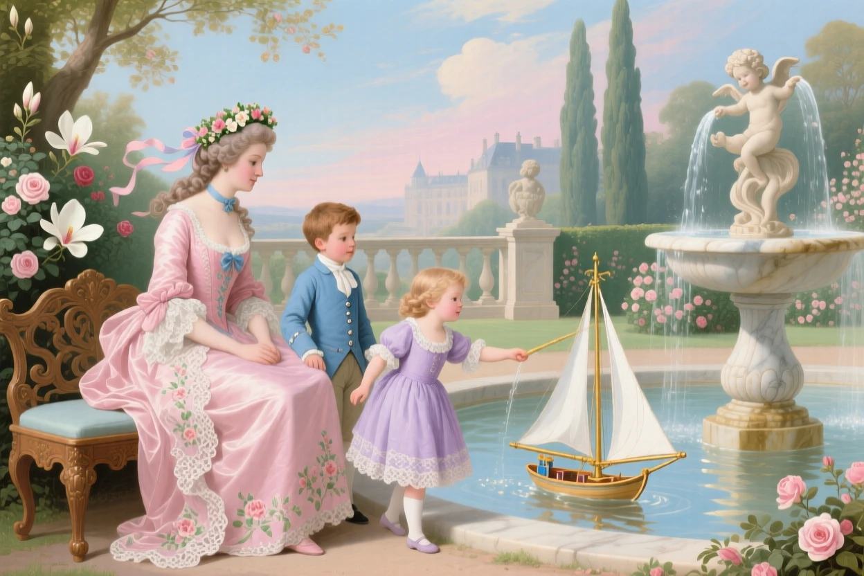 A mother watching her children sail toy boats in a fountain  