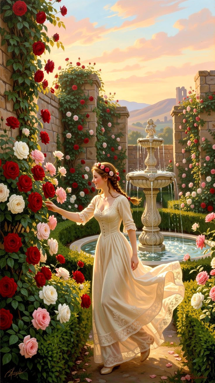 A young woman plays among the hedges of a walled garden bursting with roses as the fountain sparkles in the light.