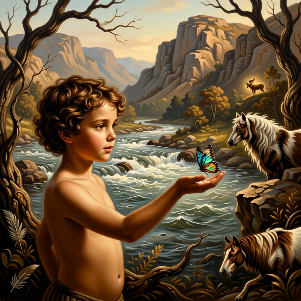 A butterfly resting delicately on a child's outstretched hand in a fleeting instant of natural beauty rarely witnessed, set beside a rushing river cutting through ancient hills, with feathers, fur, or manes catching the light in fine, luminous detail; strong natural framing from branches or rock formations draws the eye inward, evoking wonder, majesty, and reverence for the natural world.