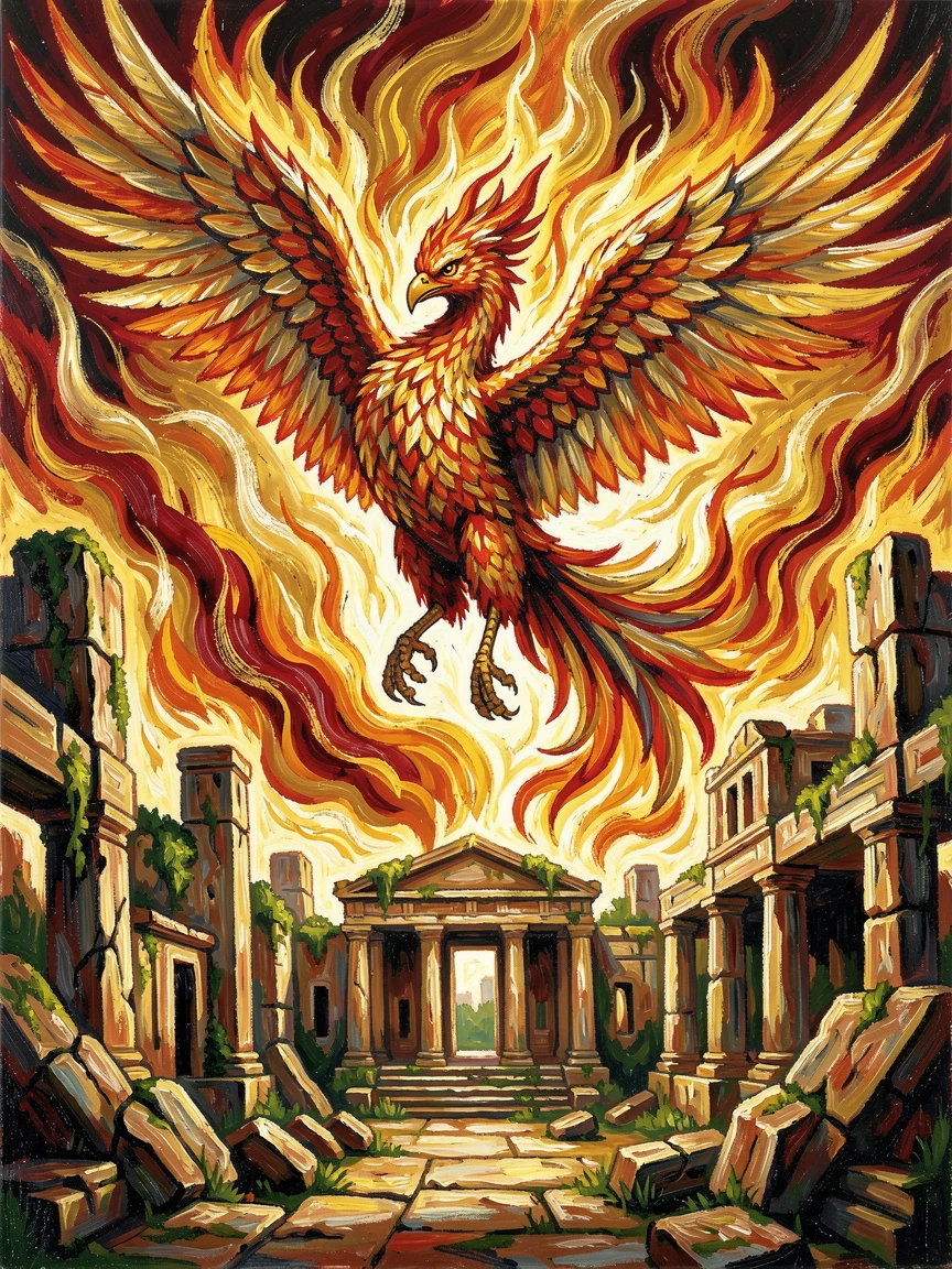 A phoenix rising in flames of gold and crimson above an ancient temple ruin.