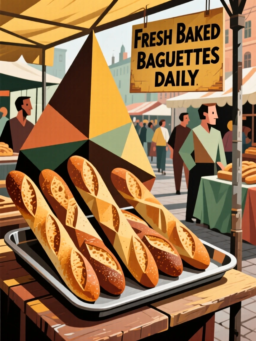 A mouthwatering image of a tray of fresh baked baguettes displayed at a bustling outdoor market stall.