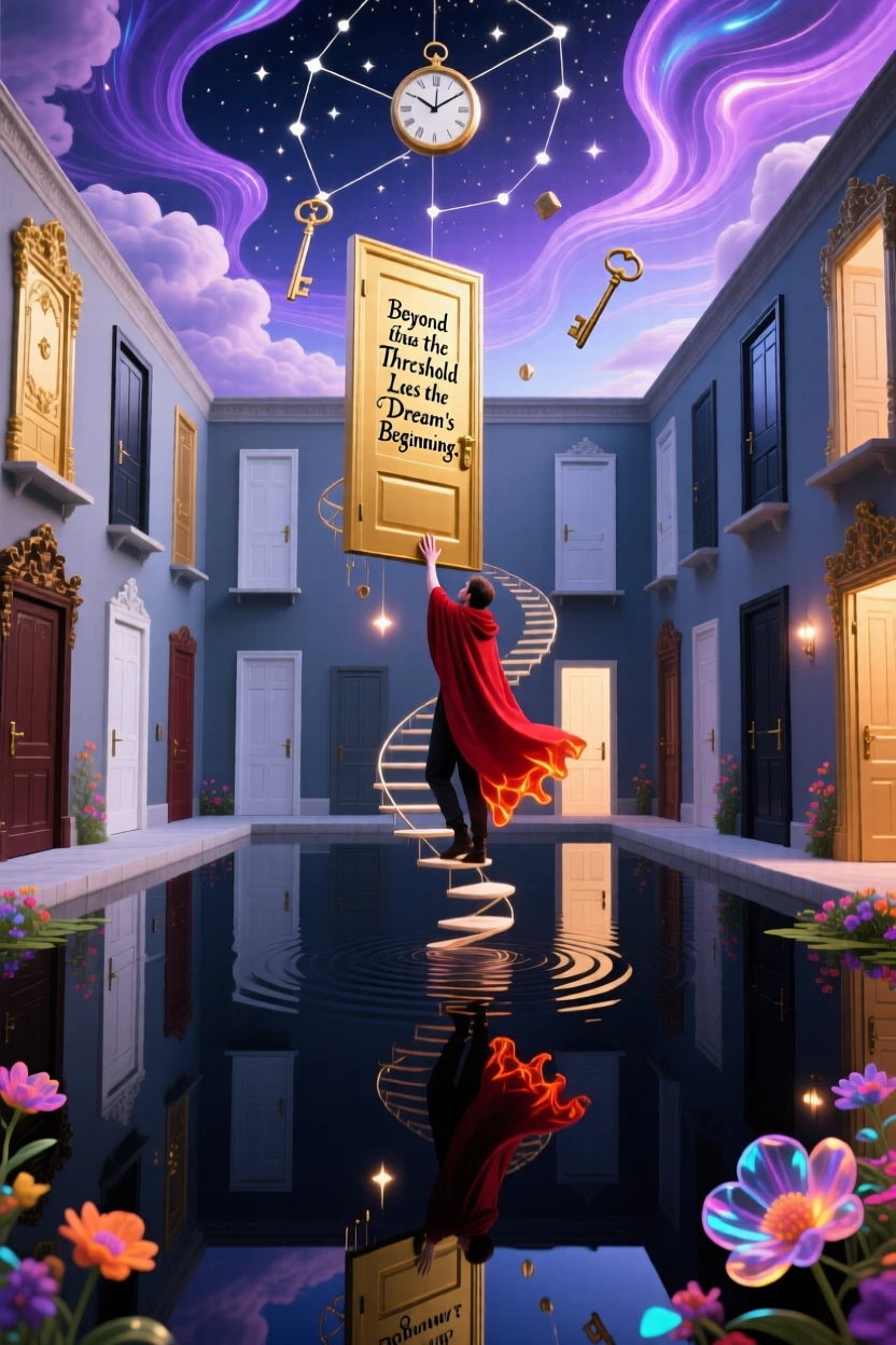 A courtyard where every door leads to another door hovers just above a mirror-still lake, as a lone traveler climbs toward its summit.