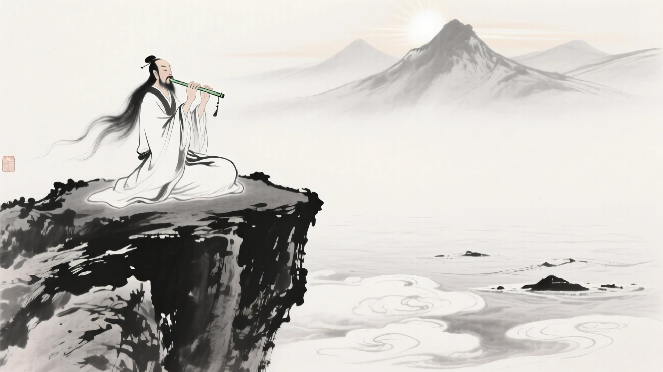 An immortal plays a flute atop a cliff overlooking the clouds below, with soft light radiating from behind distant peaks.