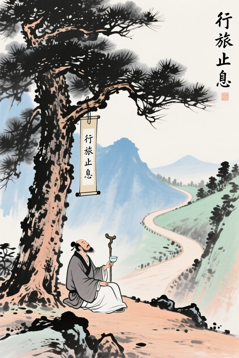 A traveler resting beneath a pine tree along a mountain trail, imbued with timeless calm.