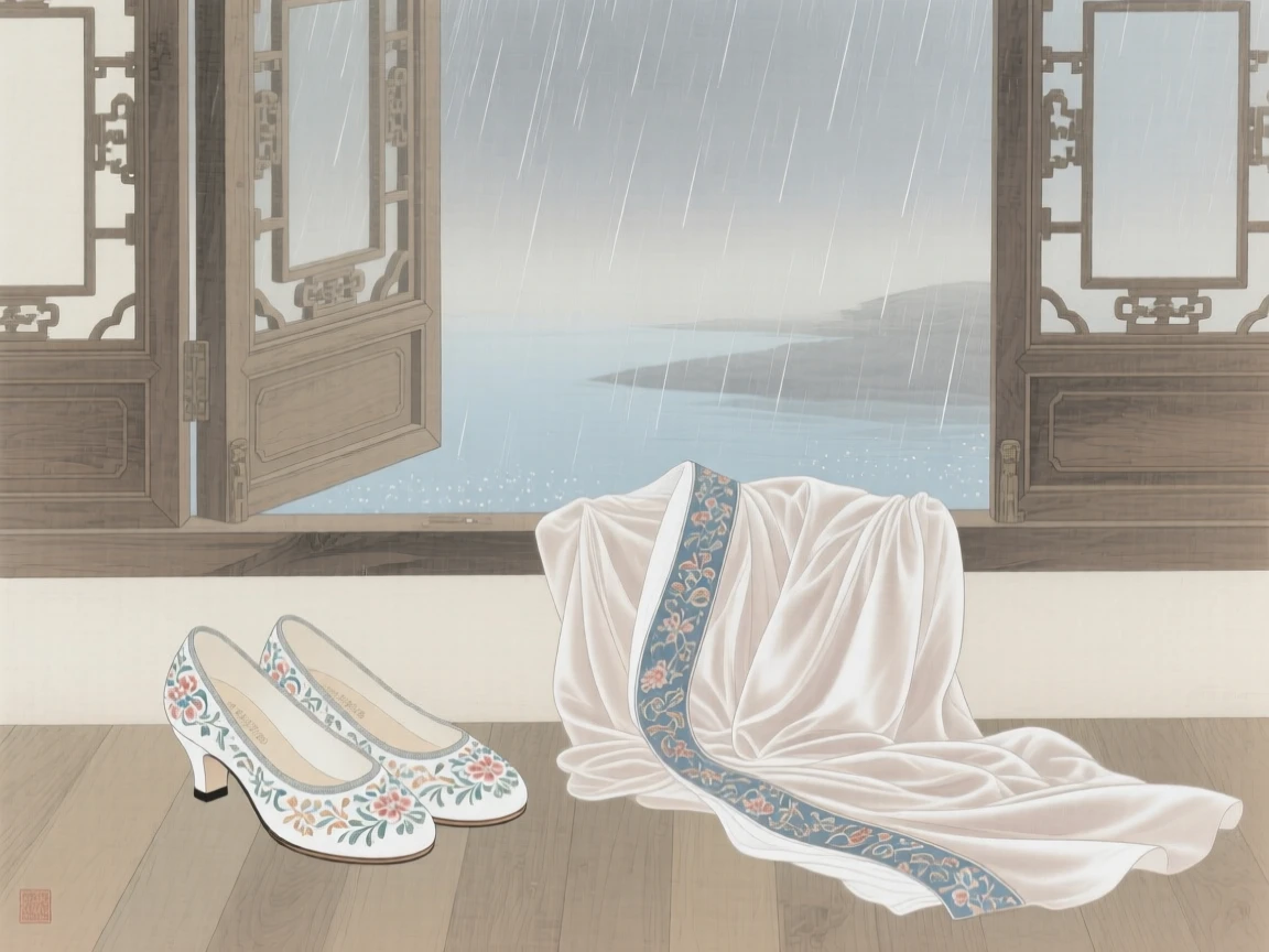 A pair of embroidered shoes beside a silk robe beside an open window with rain falling outside