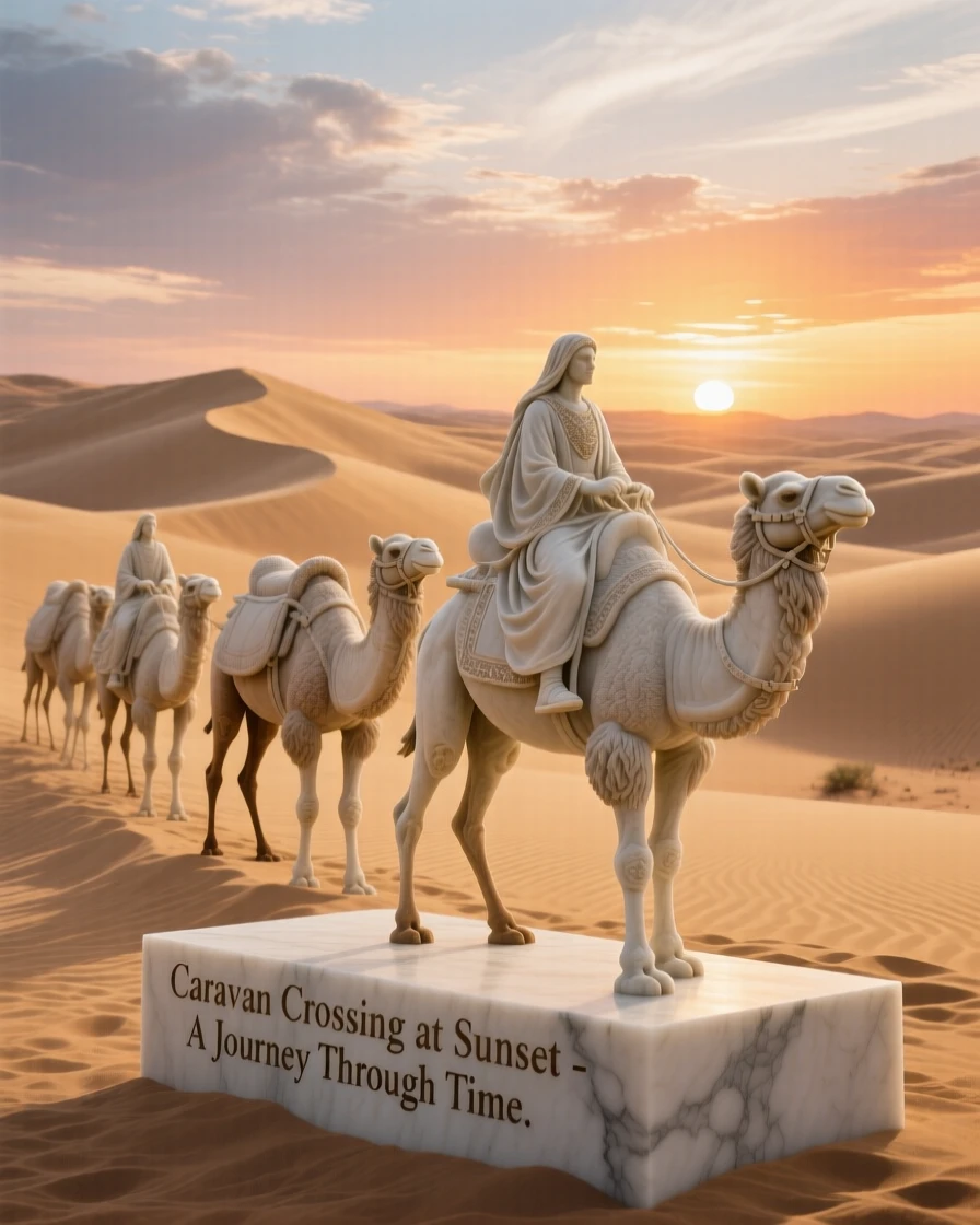 A beautifully composed image of a caravan crossing golden desert dunes at sunset, under a brilliant, colorful sky, full of atmosphere and visual storytelling