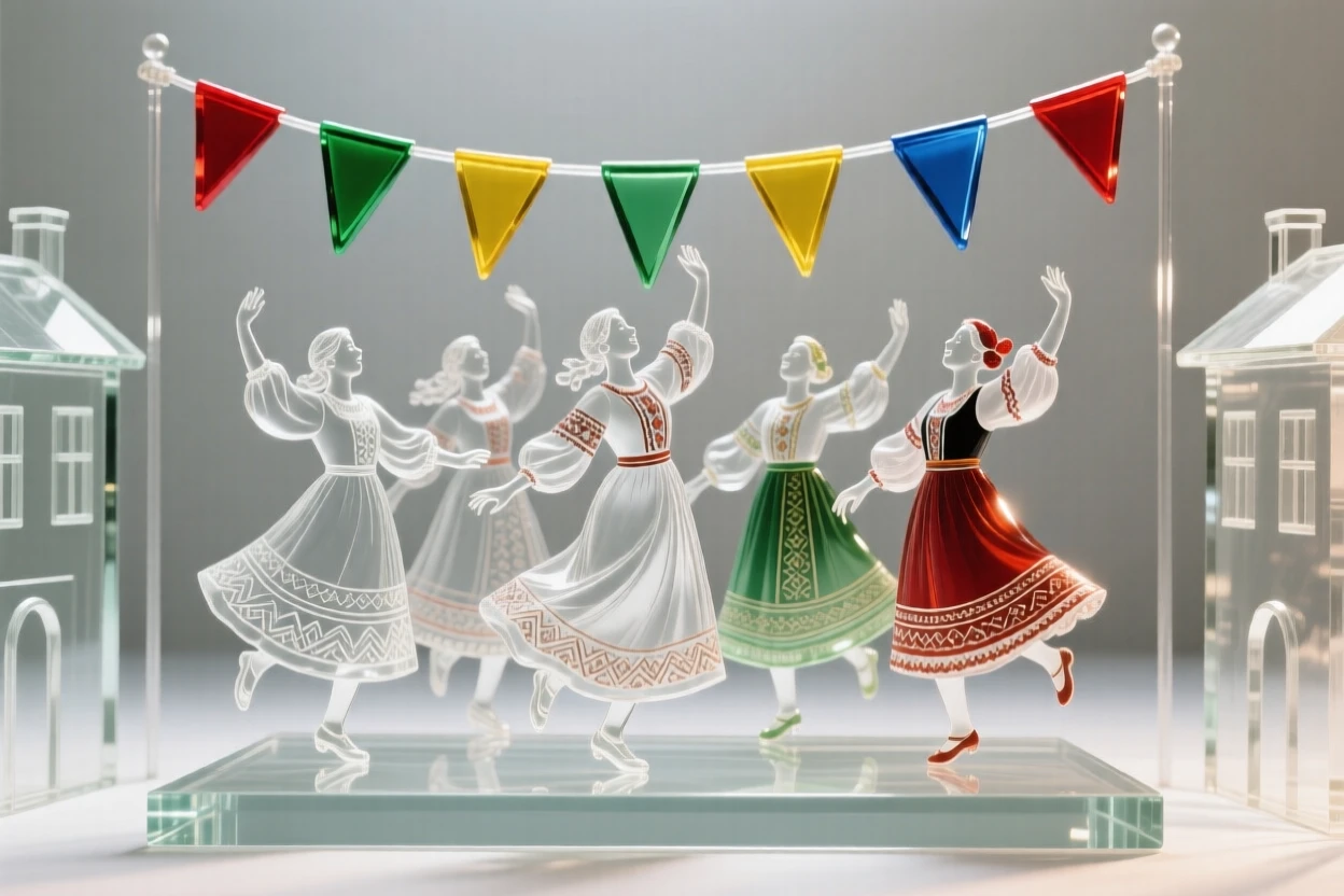 Dancers celebrating a harvest festival in traditional dress, beneath strings of colorful flags stretched between buildings