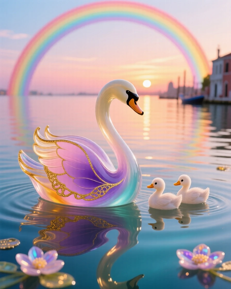A mother swan and cygnets gliding beneath a rainbow reflected on calm water at sunset, tender and hopeful.