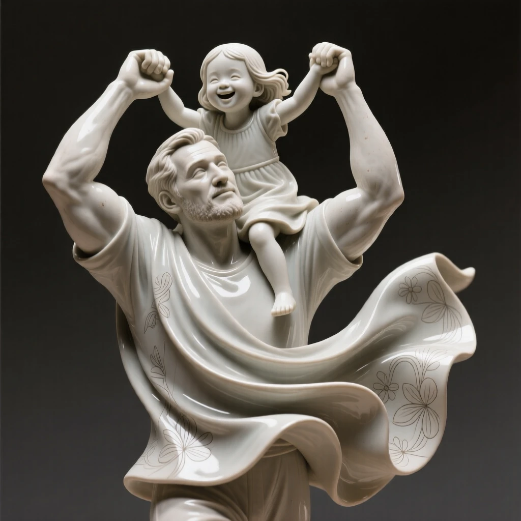 A father lifting his daughter onto his shoulders frozen mid-motion with fabric swirling around them, adorned with simple, elegant ornamentation, radiating grace, strength, and inner peace.