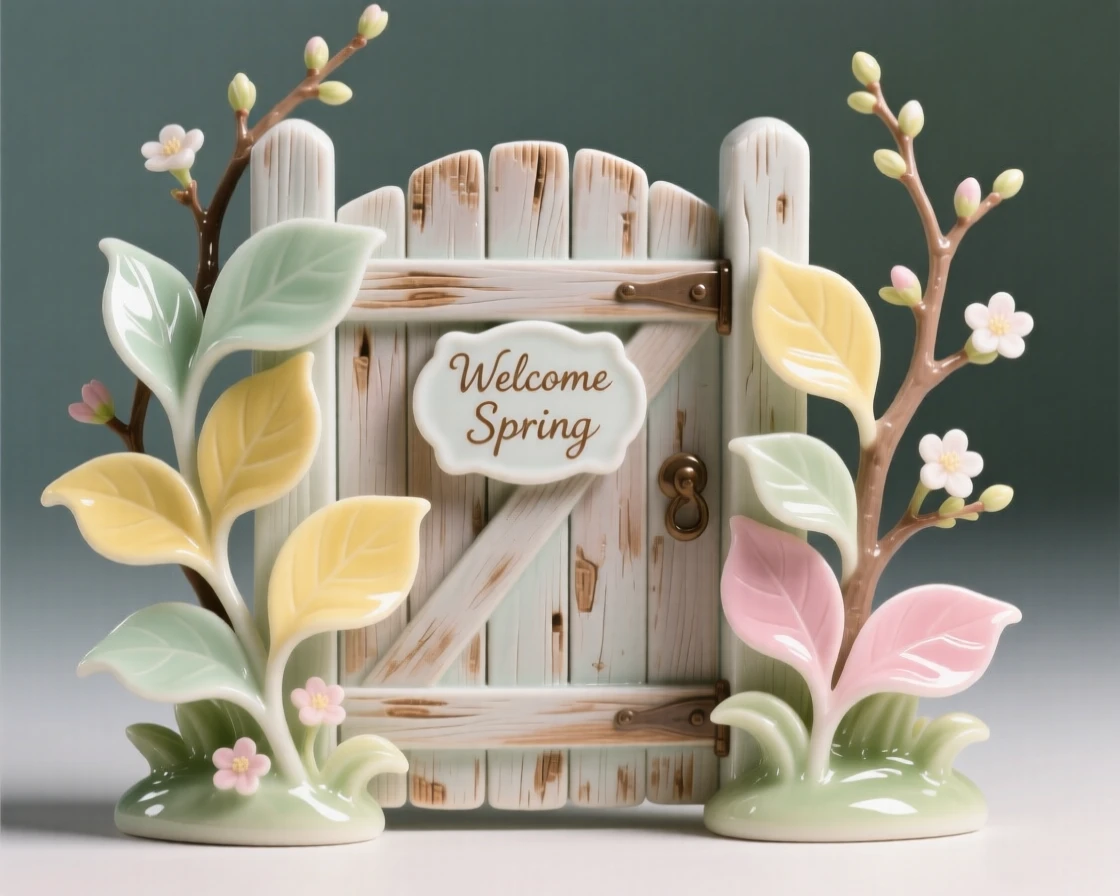 A cozy spring moment: leaves swirling around a rustic wooden gate, framed by the colors of the season.