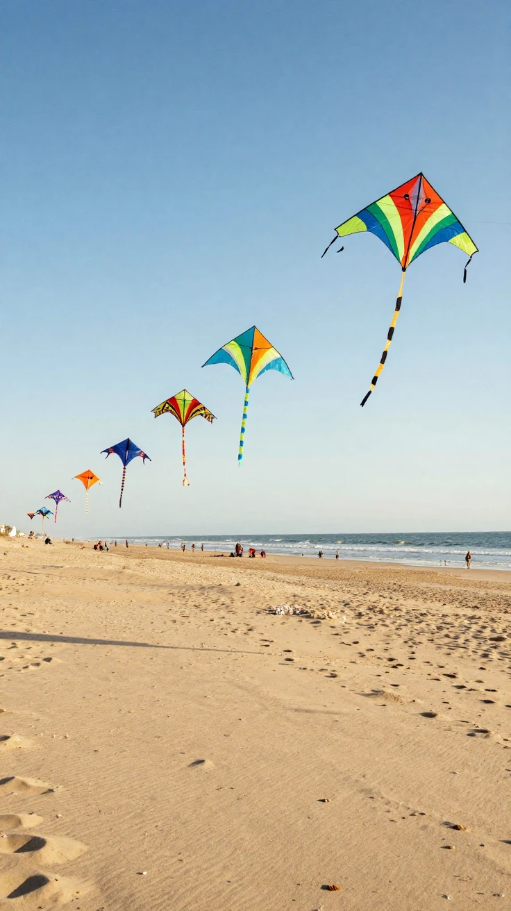 A row of colorful kites flying above a sandy beach