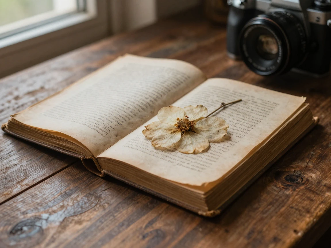 A pressed flower inside an old book sitting atop a wooden desk, quietly telling its own small story