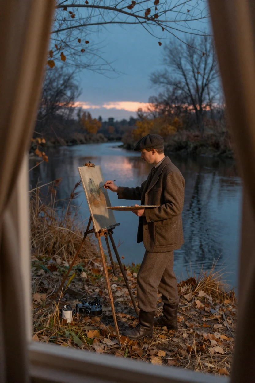 A painter working en plein air beside a quiet riverbank, in cool blue twilight, with a soft breeze stirring the air, in late autumn, with a soft sepia-tinted glow, viewed from across the room.
