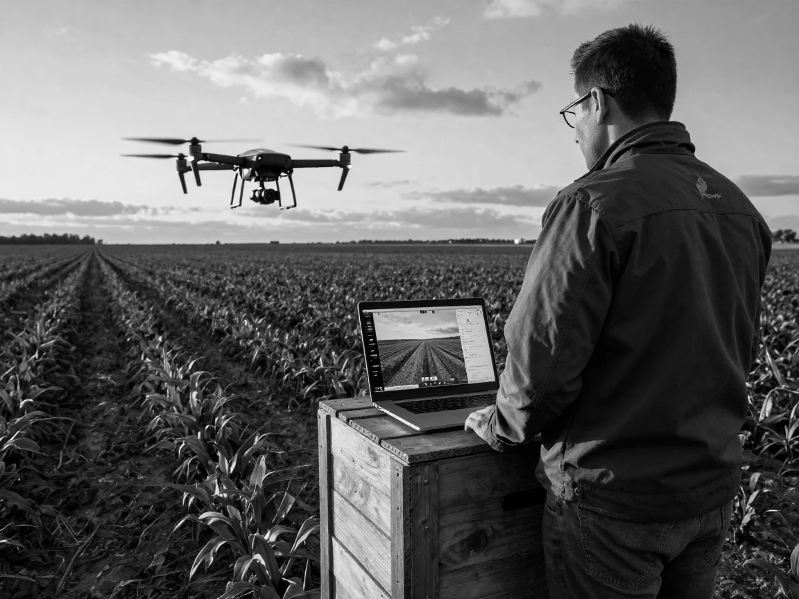 A drone operator guides a camera drone over farmland beside a laptop control station.