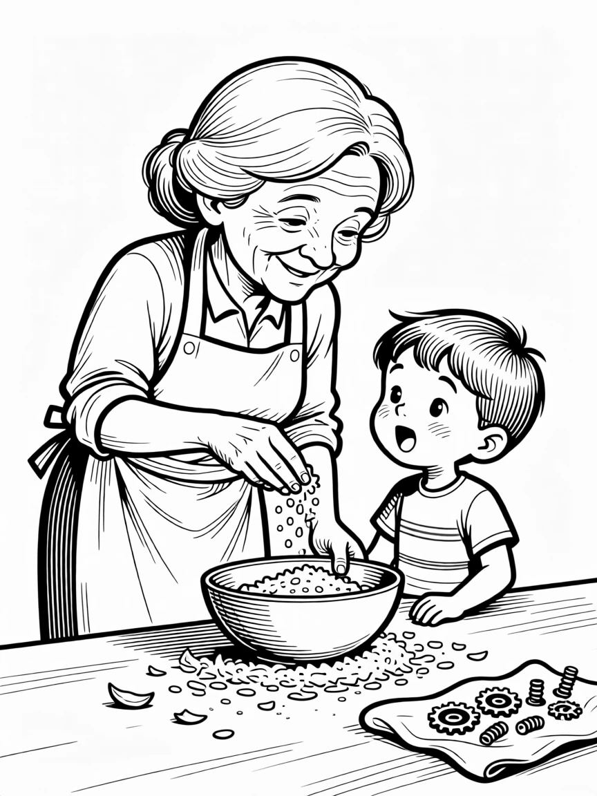 A grandmother teaching a grandchild to bake her secret recipe, scattering breadcrumbs to an eager, cooing crowd, set in a small workshop scattered with wood shavings. Tiny gears and springs are scattered neatly on a cloth. It captures the quiet joy of passing traditions down.