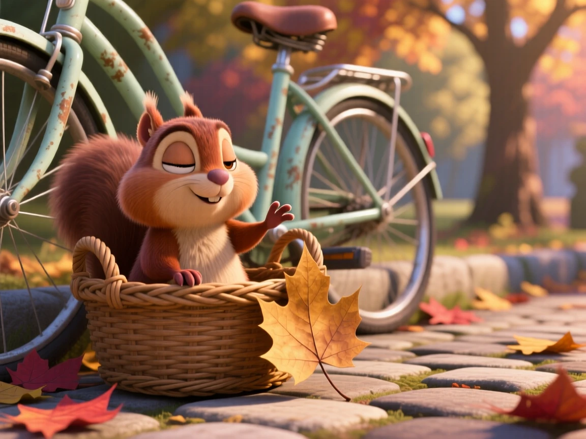 A chipmunk with full cheeks is sitting in a vintage bicycle basket, reaching out a tiny paw. A gentle, sleepy calm fills the moment, with a single fallen leaf beside it.