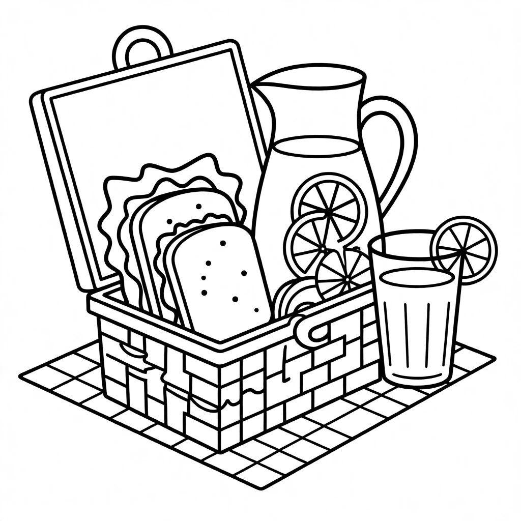 A picnic basket filled with sandwiches and lemonade