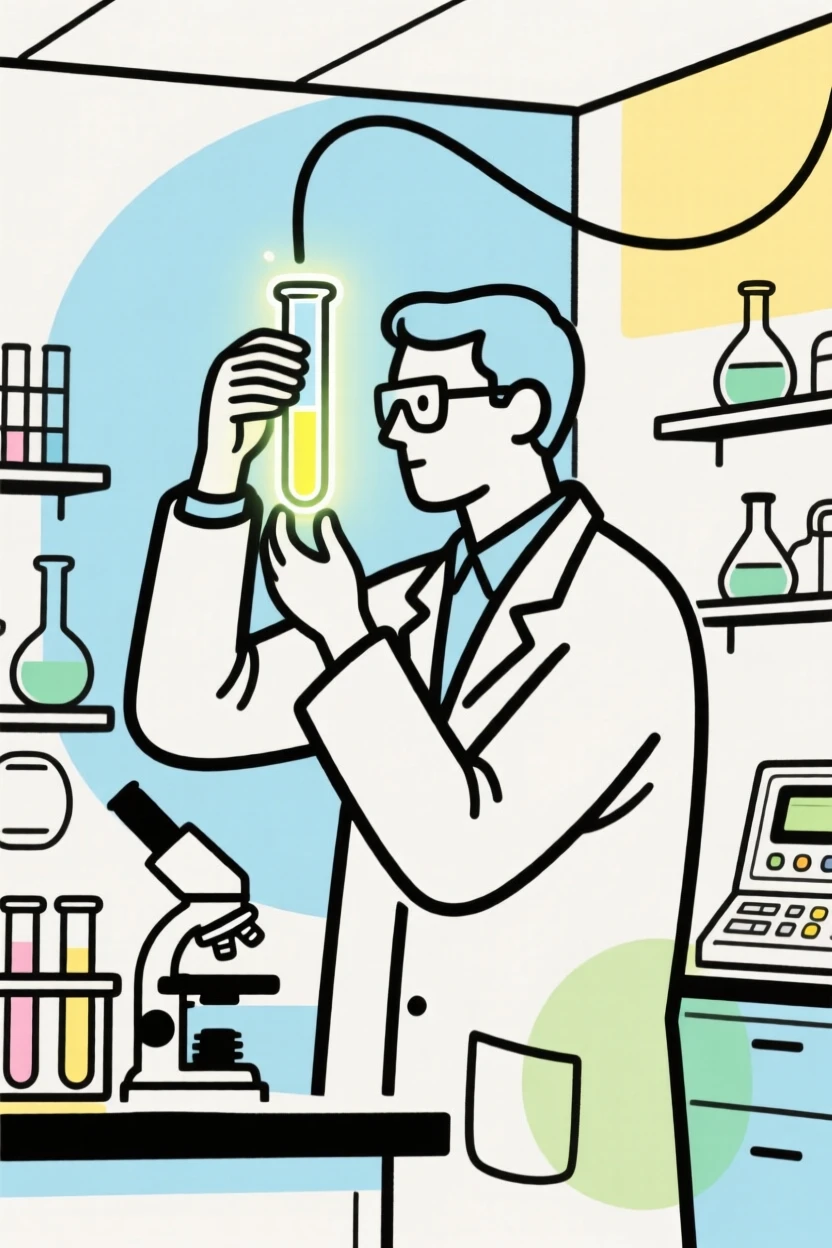 A scientist examining a glowing test tube inside a modern laboratory.