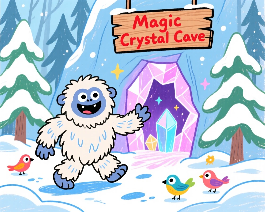 A curious yeti exploring a snowy forest near a crystal cave glowing with soft light.