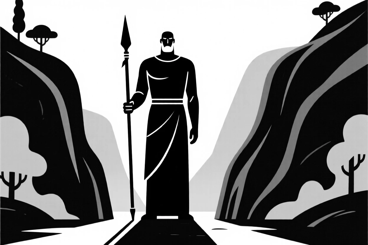 A giant guarding the entrance to a hidden valley.