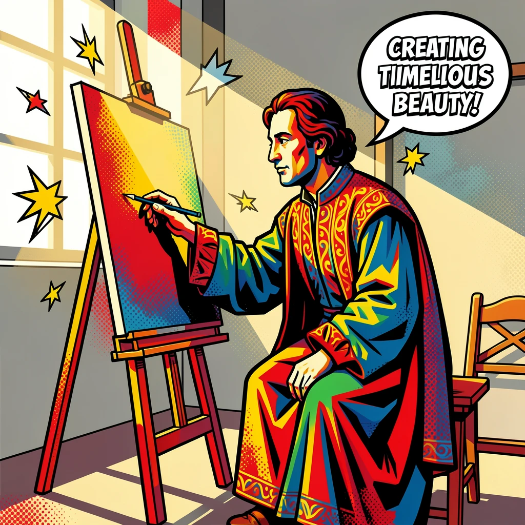 A Renaissance painter working at an easel in a sunlit studio